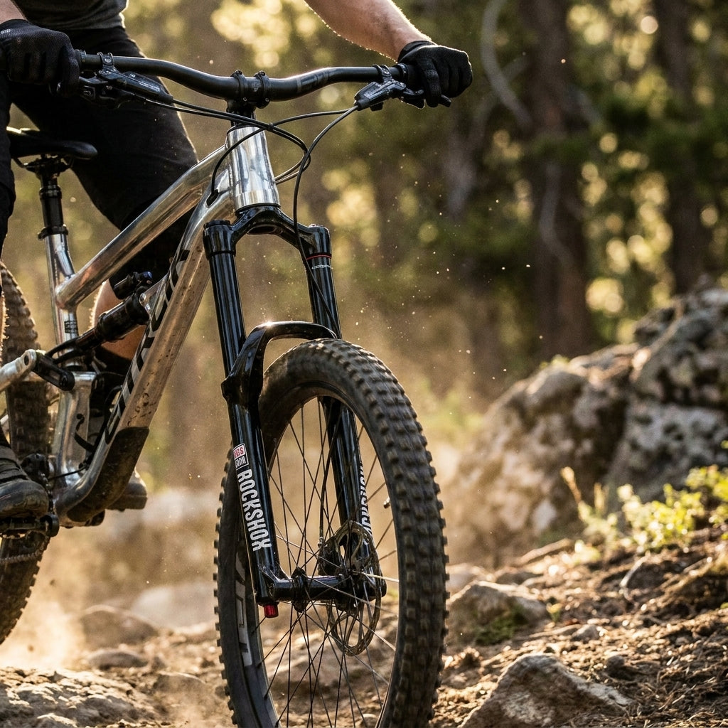 Detail einer glänzend schwarzen RockShox Federgabel an einem Mountainbike auf einem felsigen Trail.