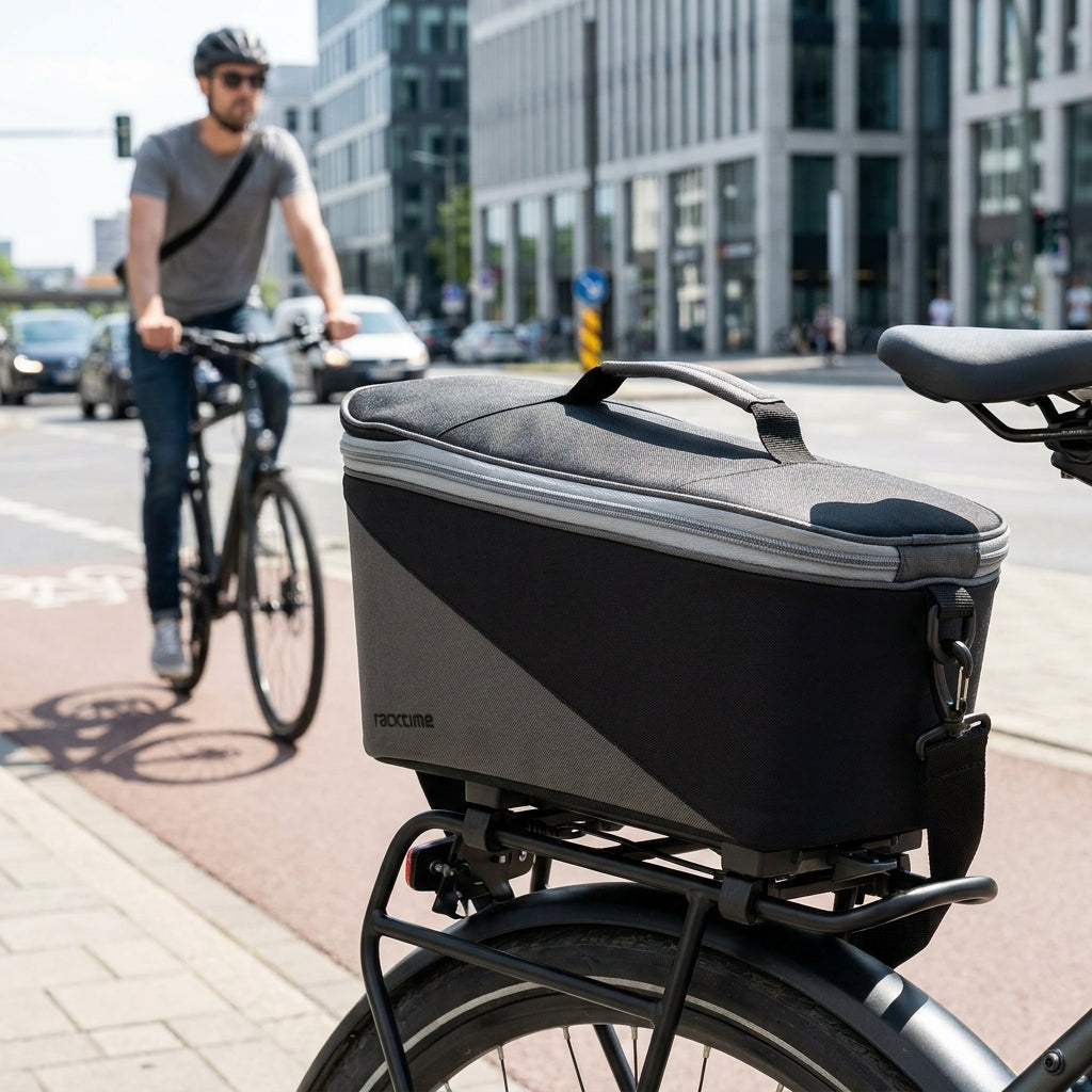 Racktime Talis Gepäckträgertasche 8L mit SNAPIT 1.0 Adapter sicher am Fahrradgepäckträger beim Radfahren.