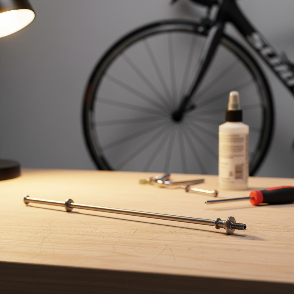 SHIMANO WH-RS31 Ersatzspeiche für Vorderrad auf Werkbank mit Werkzeug und Fahrrad im Hintergrund.