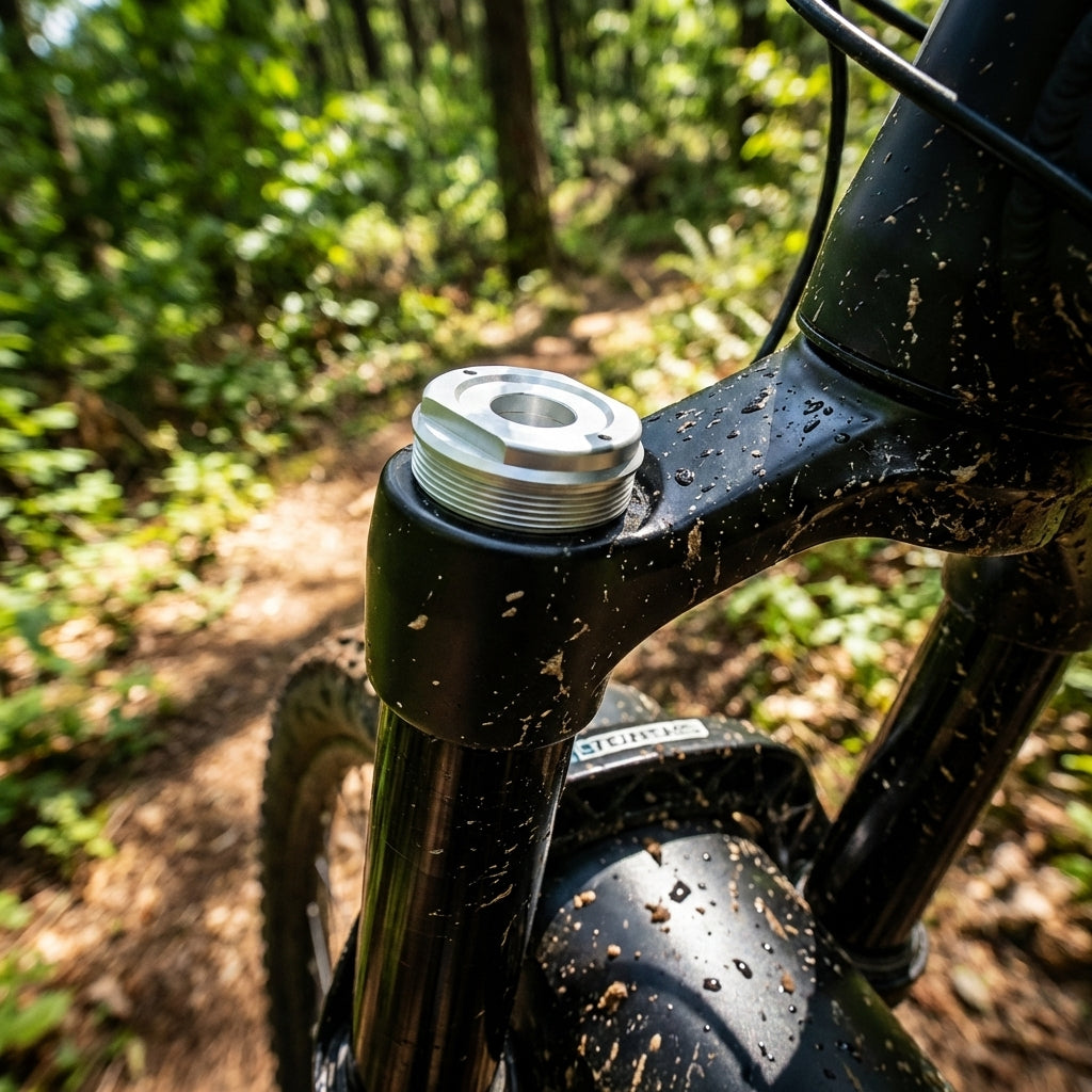 SR Suntour Abschlusskappe SF20 DUROLUX36 Boost RC-PCS auf schlammiger Mountainbike-Federgabel im Wald.