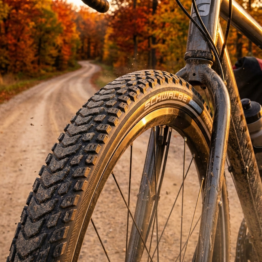 Schwalbe Marathon Mondial Reifen auf Fahrrad-Vorderrad, Schotterweg und bunter Herbstwald.