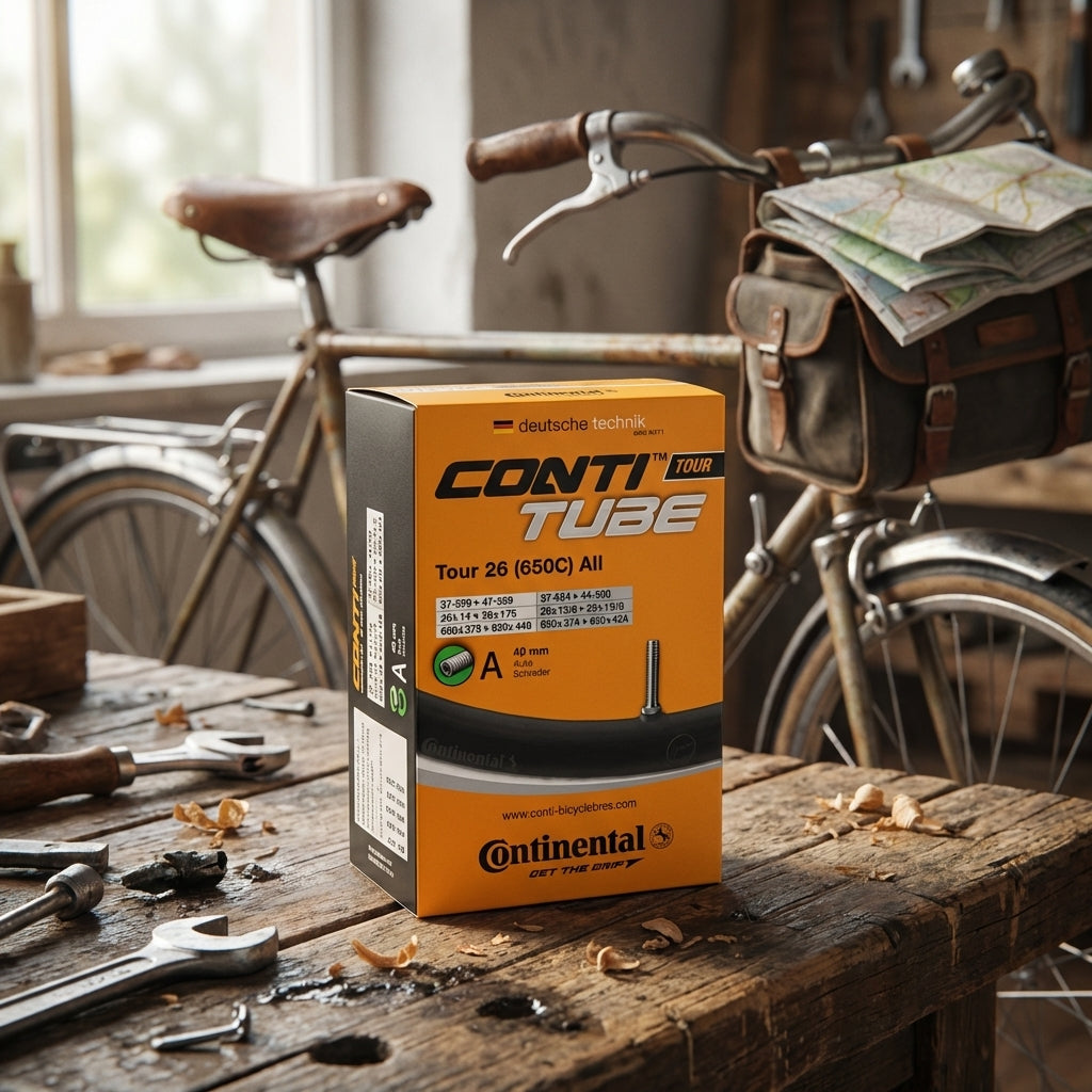 Continental Conti Tour 26 Fahrradschlauch 26 Zoll AV 40mm Box auf Werkbank, Vintage-Fahrrad im Hintergrund.