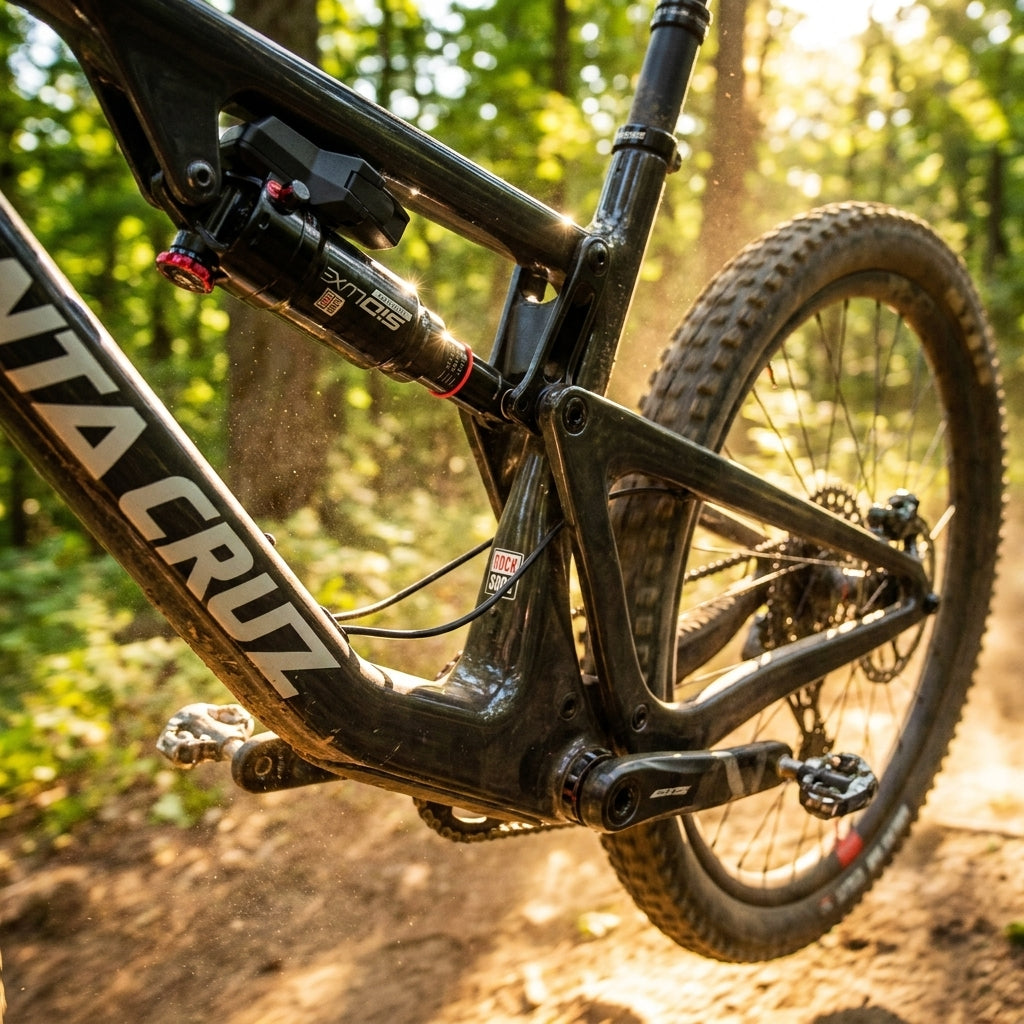 Schwarzer RockShox SIDLuxe Ultimate Dämpfer am Santa Cruz Blur TR Mountainbike in Aktion auf sonnigem Waldtrail.