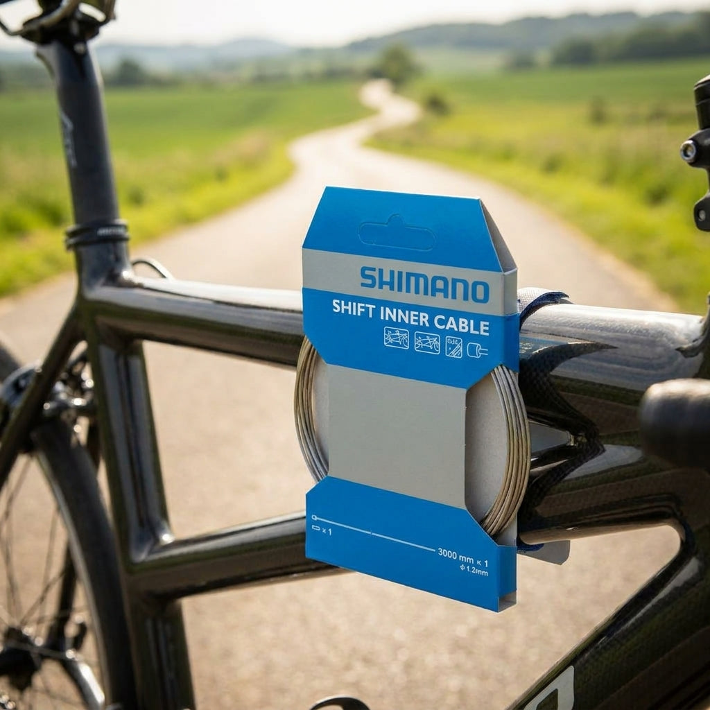 SHIMANO Tandem Edelstahl Schaltzug 3000mm am Fahrrad, auf einer Landstraße in grüner Landschaft.