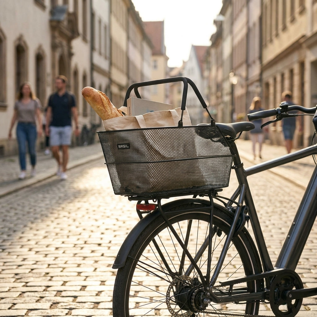Basil Cento MIK 2.0 Hinterradkorb schwarz aus Stahl auf Fahrrad mit Baguette und Einkaufstasche in der Stadt.