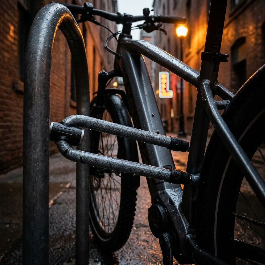 Onguard Revolver 8183 Panzerkabel sichert E-Bike an Fahrradständer in nasser Gasse bei Dämmerung.