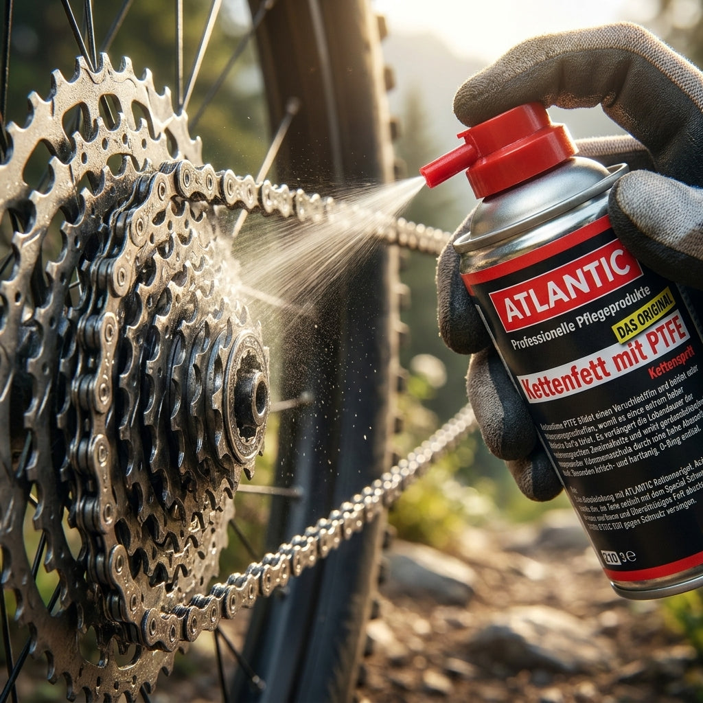 Hand sprüht Atlantic Kettenfett mit PTFE aus der Sprühdose auf eine Fahrradkette und Kassette.