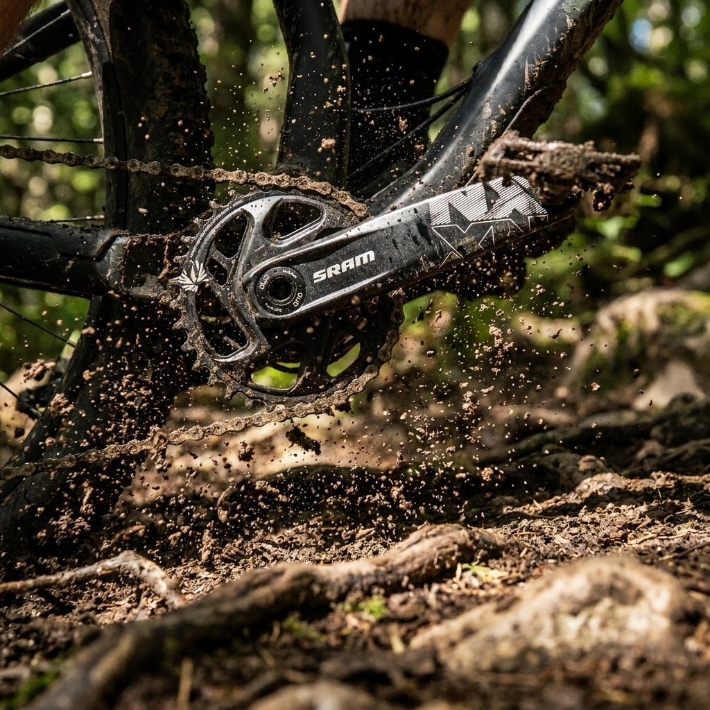 SRAM NX Eagle DUB Kurbelgarnitur am Mountainbike im Schlamm. Robuste 1x12 MTB-Performance auf dem Trail.