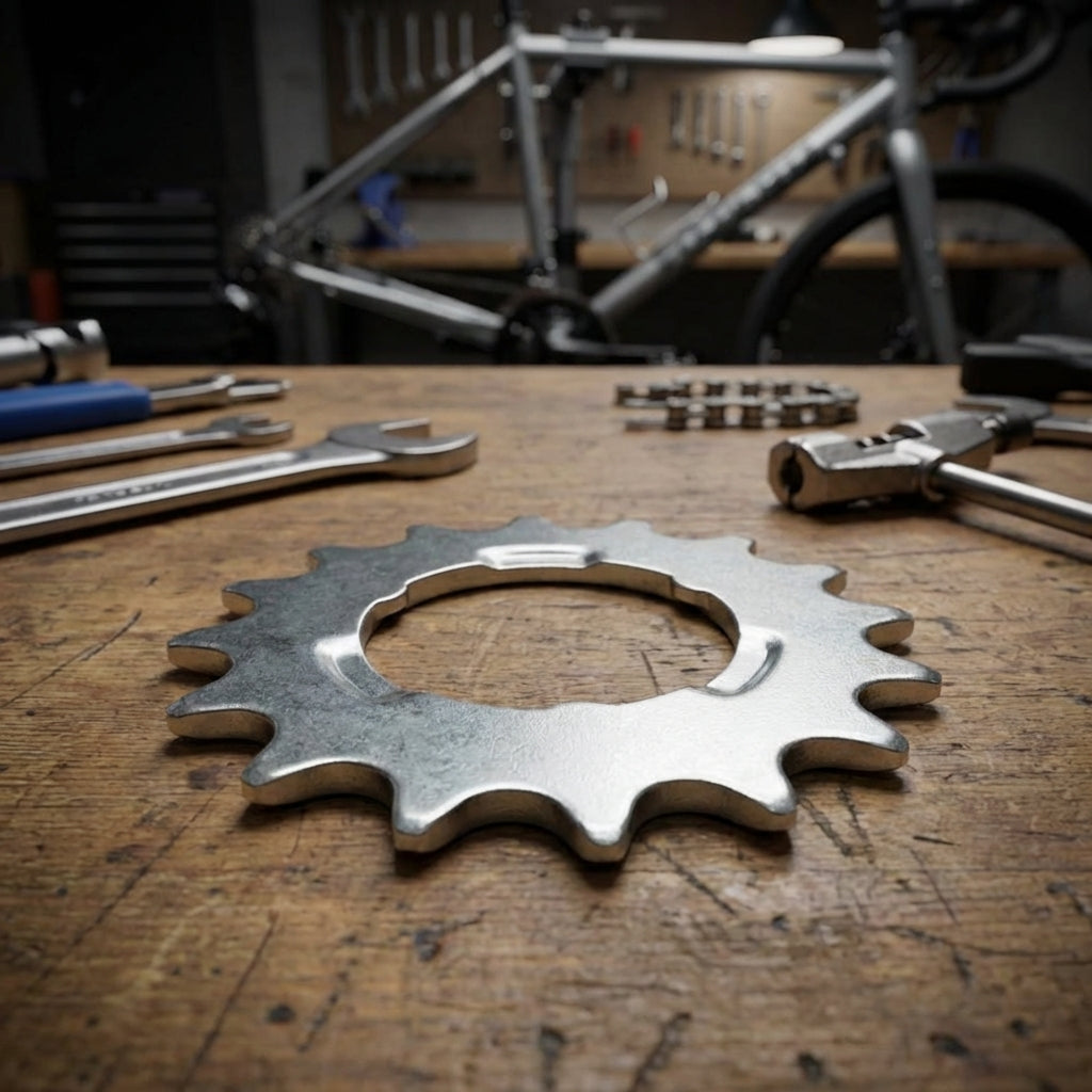 Esjot Steck-Zahnkranz 12 Zähne flach 1/2" x 3/32" auf Werkbank. Hintergrund Fahrrad in Werkstatt.