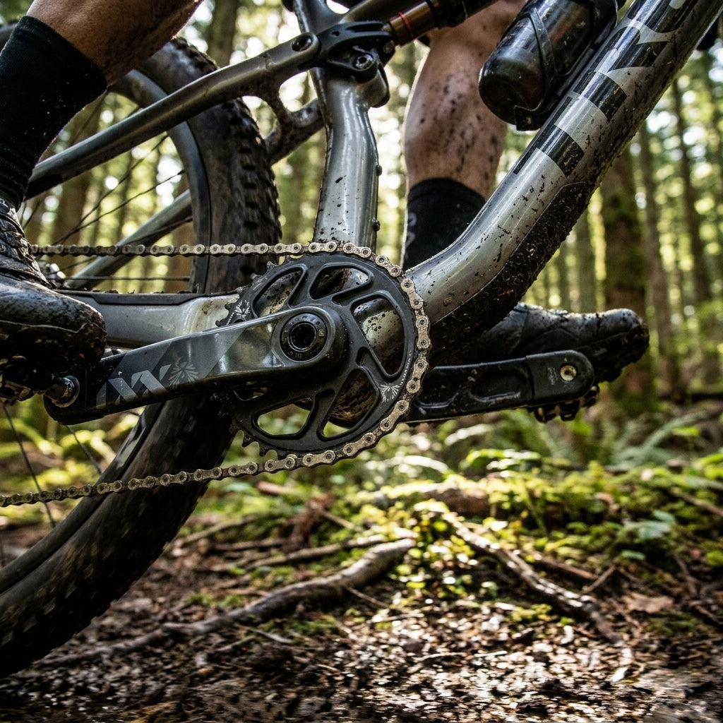 Graue SRAM XX1 Eagle DUB Carbon Kurbelgarnitur (34T) für 1x12-Antriebe am Mountainbike im Wald.