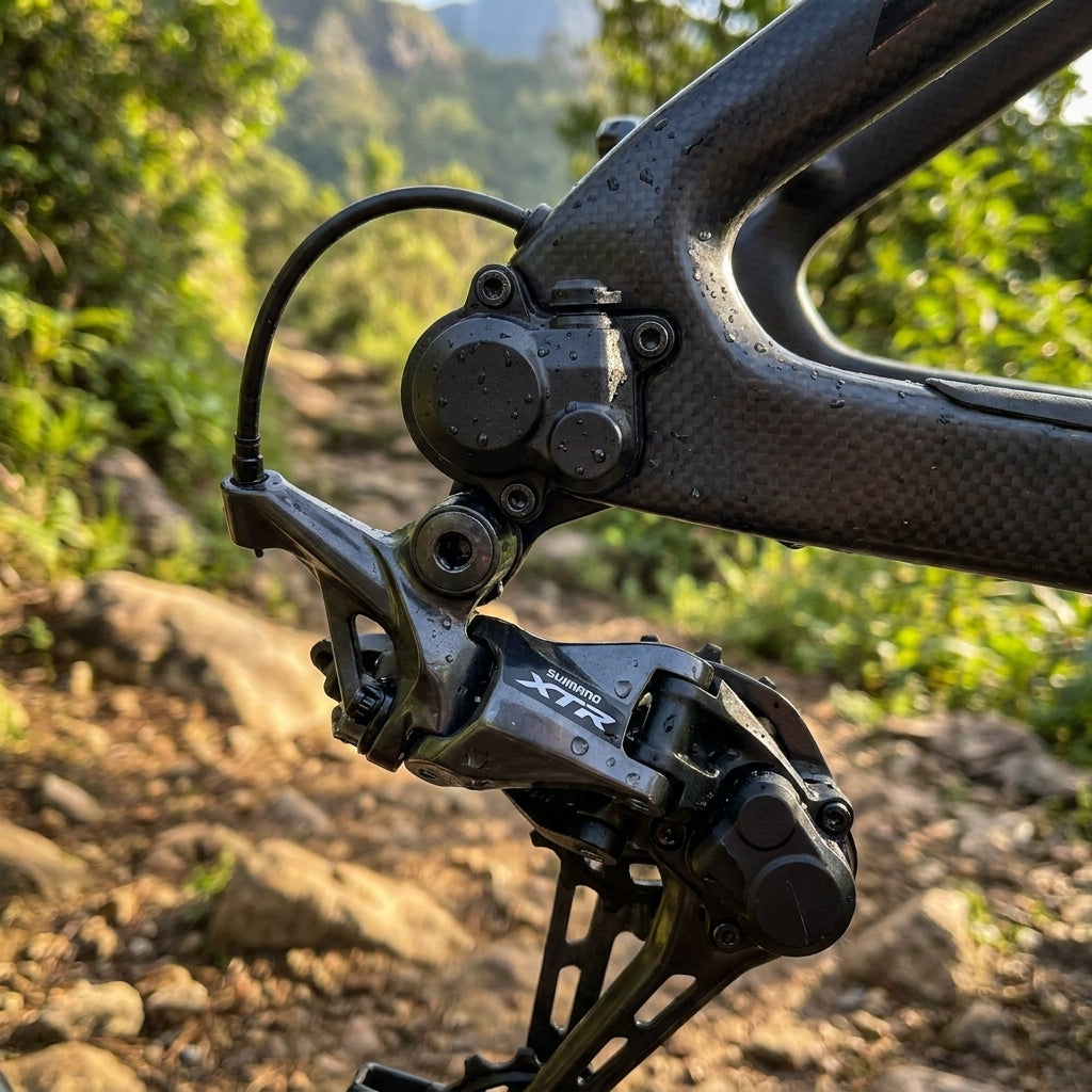SHIMANO XTR RD-M9100 12-fach Schaltwerk am Carbonrahmen, mit Wassertropfen auf einem felsigen Trail.