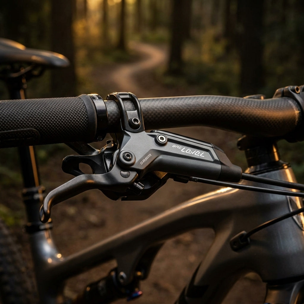 SRAM Level Bronze Stealth C1 Scheibenbremshebel am Mountainbike-Lenker im Wald.