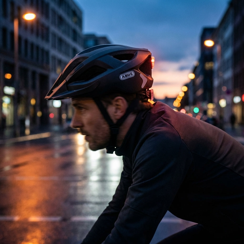 Abus Fahrradhelm Aduro 2.0 velvet black L 58-62cm mit integriertem LED-Rücklicht, Radfahrer bei Dämmerung.
