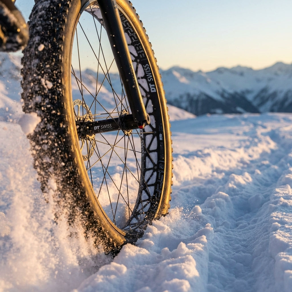 Leichtes DT Swiss BR 2250 Classic Fatbike-Hinterrad 26 Zoll schwarz, fährt durch Schnee in den Bergen.