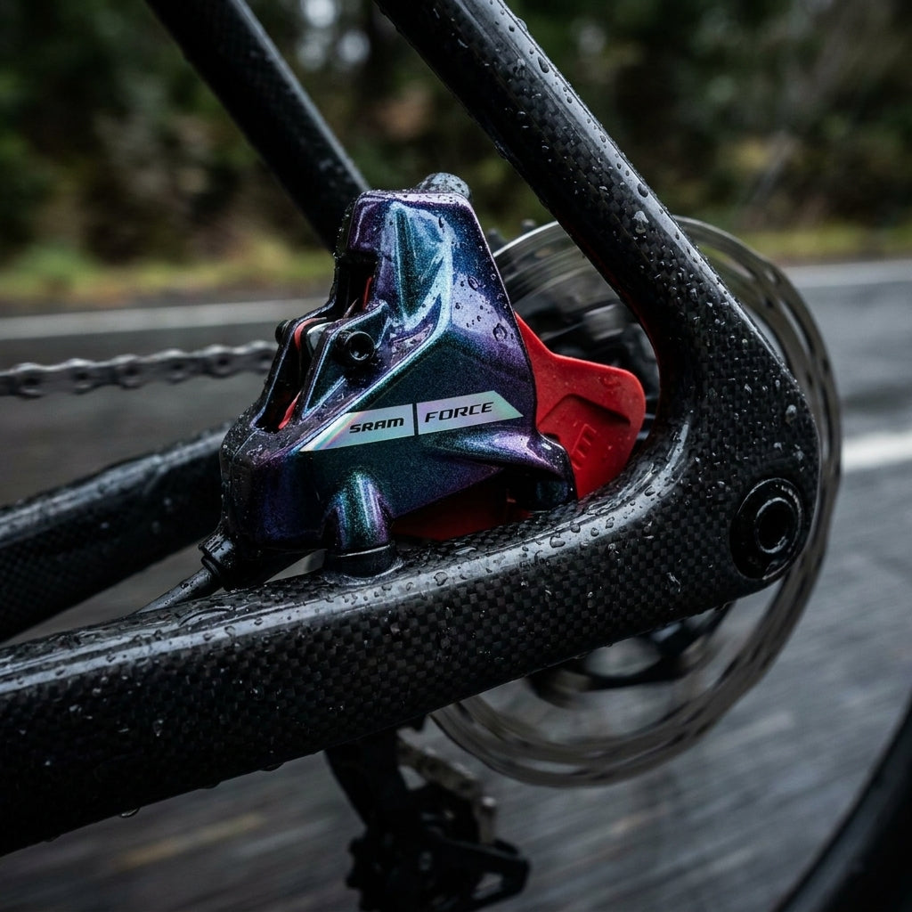 SRAM Force AXS Iridescent D2 Bremssattel an nassem Carbon-Fahrrad. Kraftvolle, präzise Scheibenbremse.