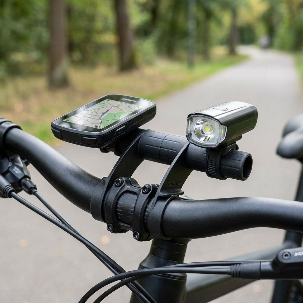 KLICKfix Zubehörhalter Multi Clip Plus schwarz am Fahrradlenker mit GPS und Licht.