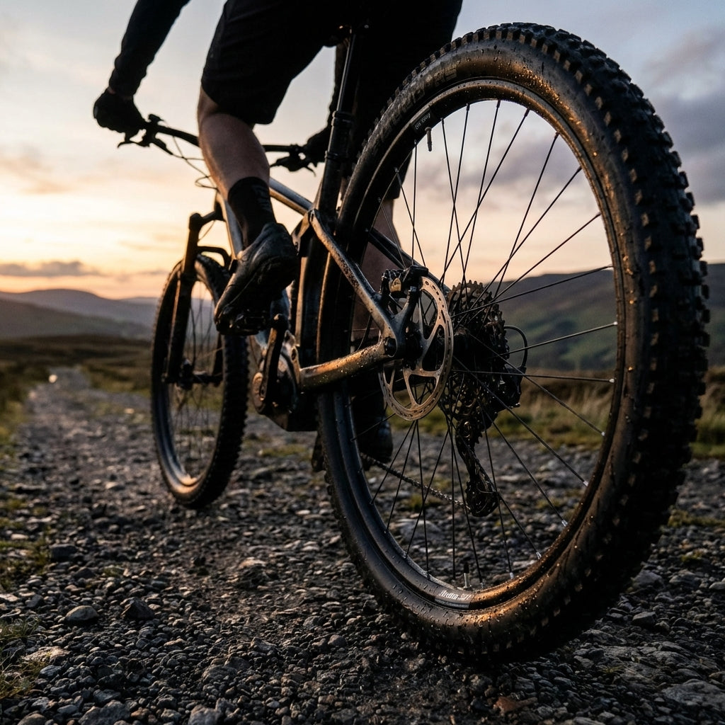 Ryde Felge ANDRA 321 Disc schwarz am Mountainbike auf Schotterweg bei Sonnenuntergang.