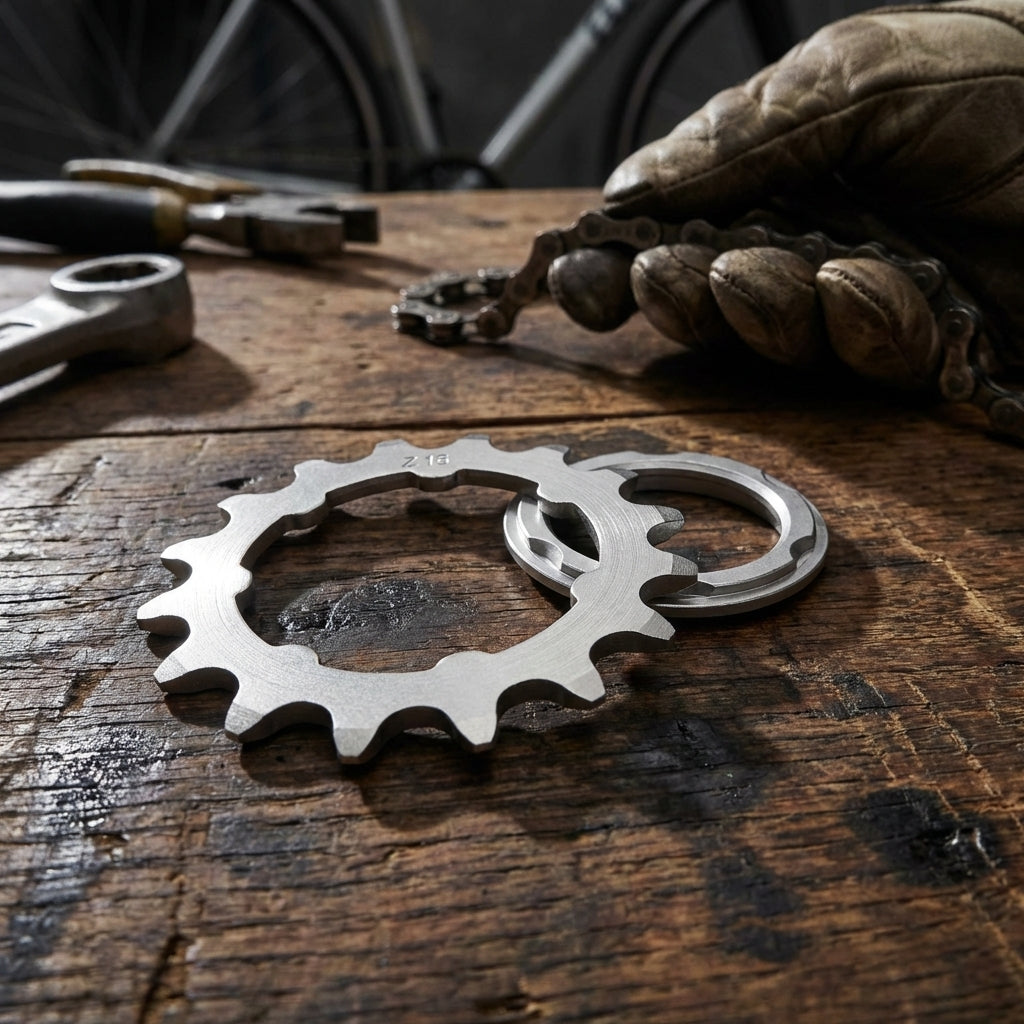 XLC Single Speed Ritzel 15 Zähne matt verchromt mit Träger auf Holztisch in Fahrradwerkstatt.