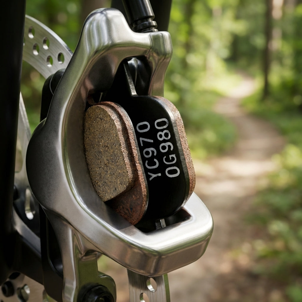 TEKTRO Disc Scheibenbremsbeläge Volans schwarz, im Fahrrad-Bremssattel am Mountainbike-Pfad.