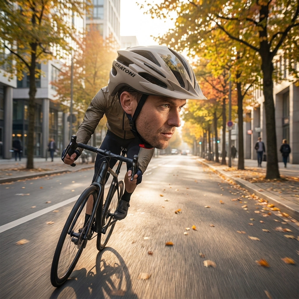 Cratoni Pacer Fahrradhelm cashmere matt L/XL auf Radfahrer in Bewegung auf herbstlicher Straße.