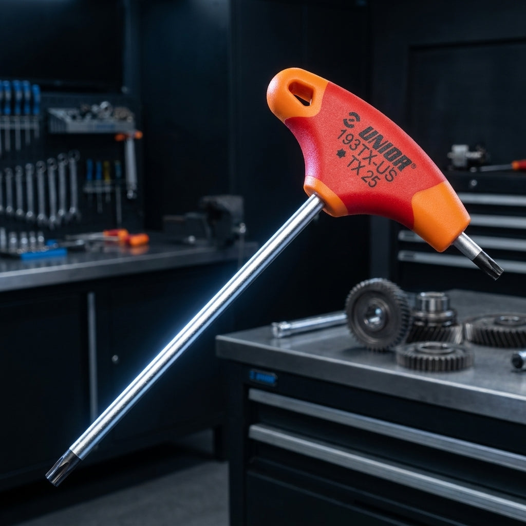 Unior T-Griff Stiftschlüssel rot TX-Profil TX 15. Ergonomischer Torx-Schlüssel in professioneller Werkstattumgebung.