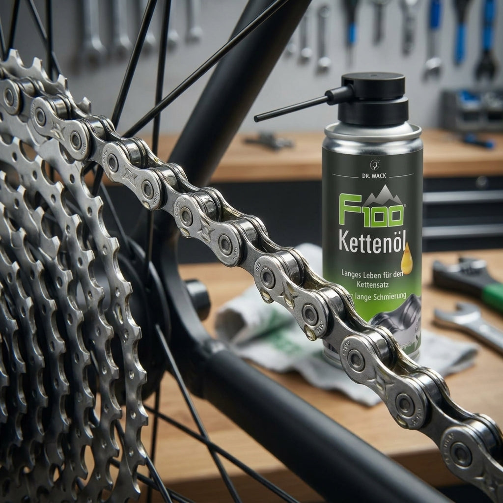 F100 Kettenöl auf Fahrradkette und Kassette. Hochleistungs-Schmiermittel für langlebige Ketten.