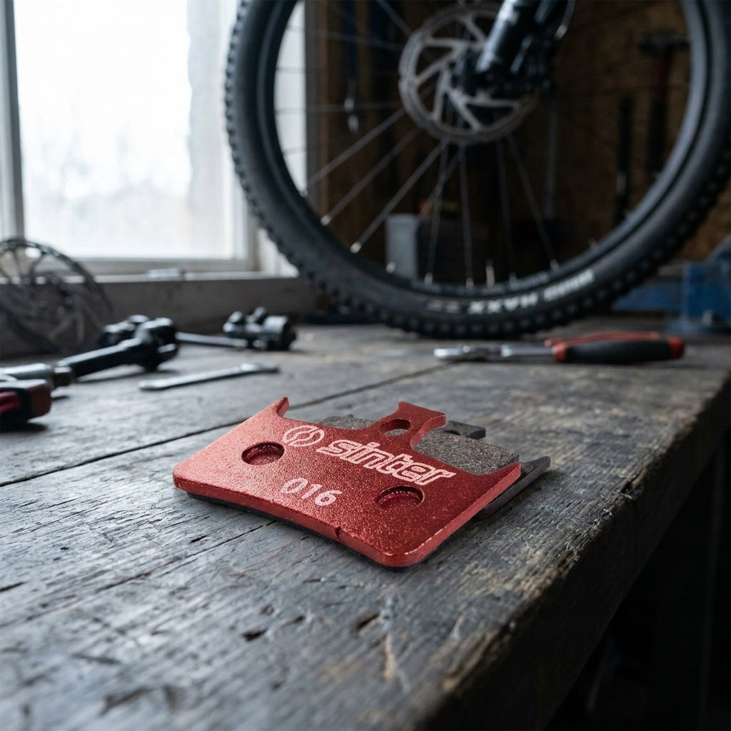 Sinter 016 Hope organisch MTB Scheibenbremsbelag rot auf Werkbank mit Fahrrad im Hintergrund.