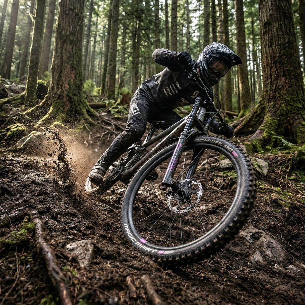 Mountainbike mit Schwalbe Magic Mary Reifen im Einsatz auf matschigem Trail im Wald.