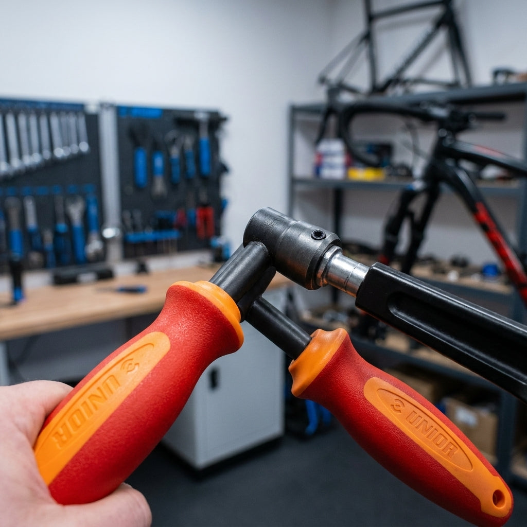 Unior Pedalschlüssel Profi rot 15mm in Hand in Fahrradwerkstatt.
