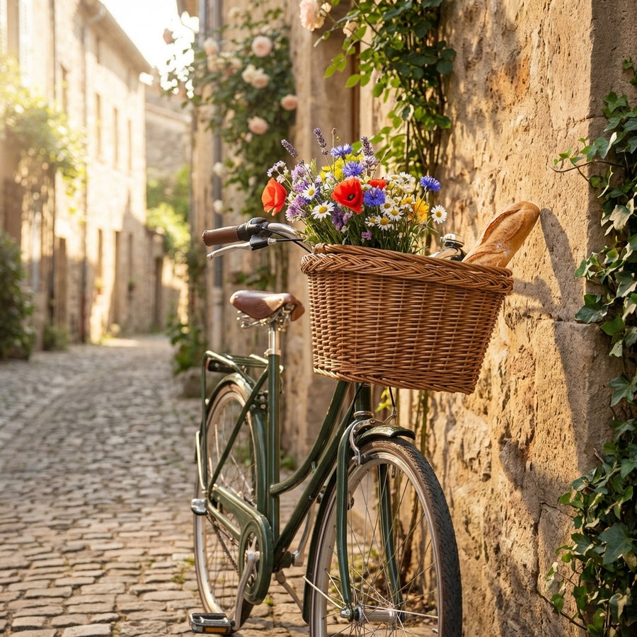 Basil Dublin Weidenkorb Fahrradkorb natur, abnehmbar, mit Tragebügel auf Rad mit Blumen und Baguette in Gasse.