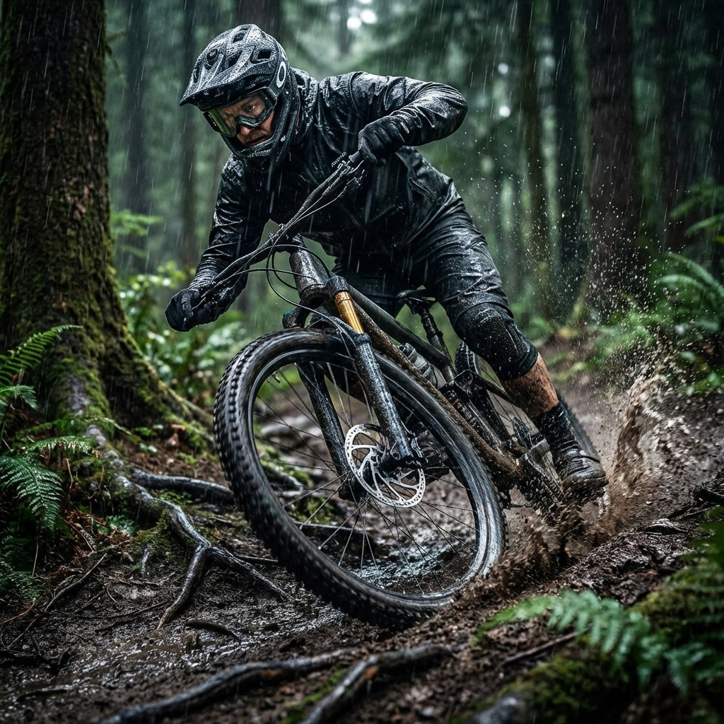 Mountainbiker im Regen auf Matsch-Trail, Vorderrad mit Scheibenbremse. Voxom Scheibenbremsbeläge für Magura Julie.