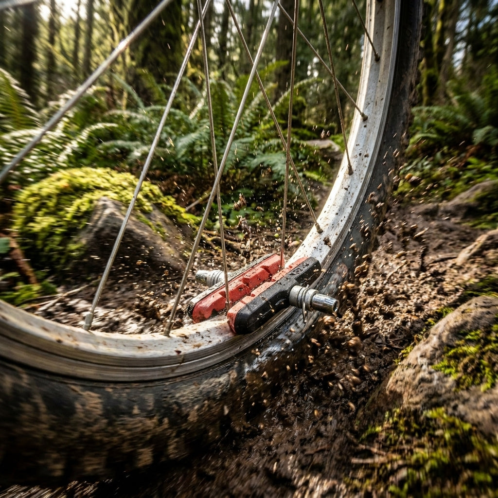 Kool Stop Bremsbelag MTB Linear Pull schwarz lachs am Rad im schlammigen Wald.