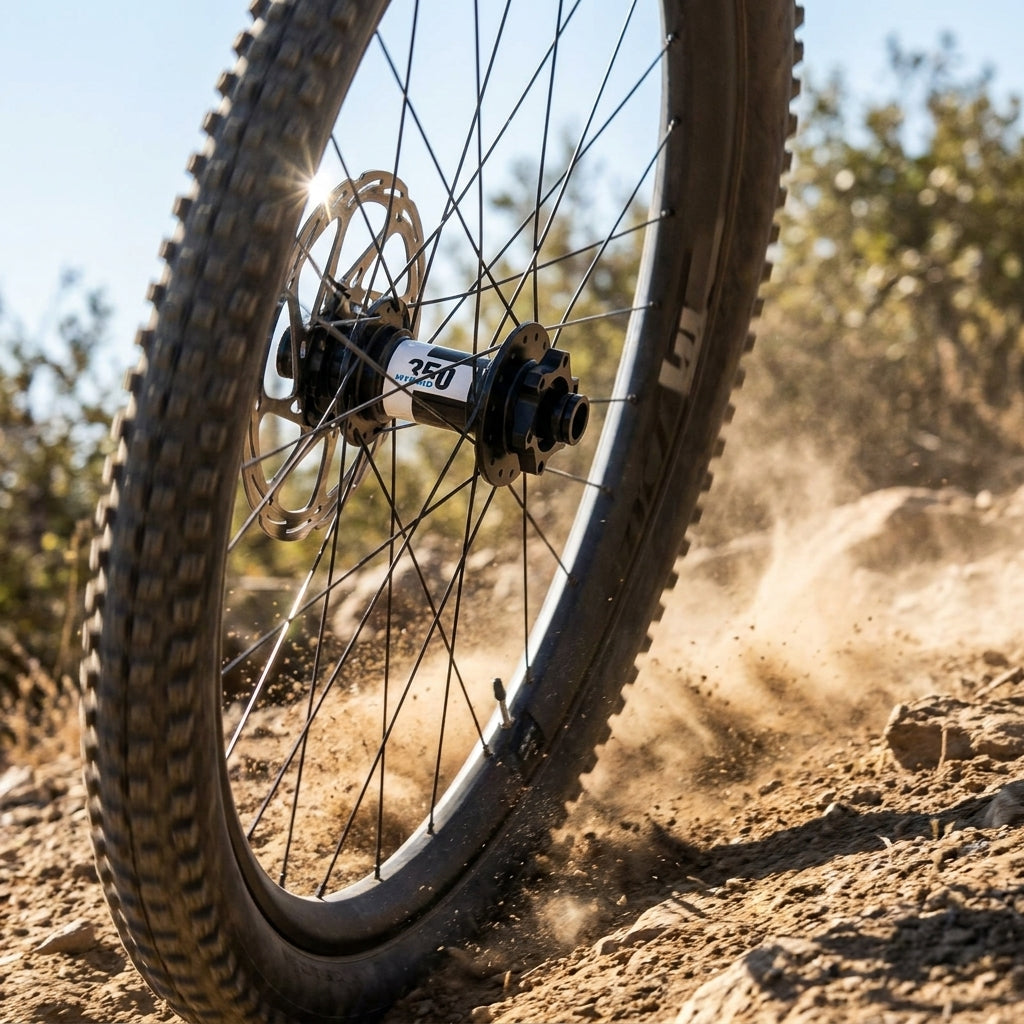 DT Swiss 350 Hybrid E-MTB Vorderradnabe schwarz, robust auf staubigem Trail in Aktion.
