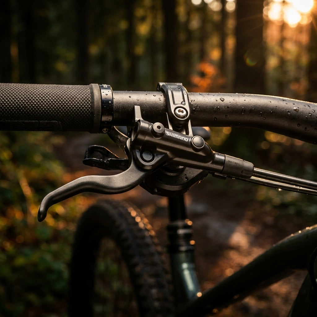 Nasser SHIMANO BL-M4100 2-Finger Rechts Bremshebel für hydraulische Scheibenbremsen am Mountainbike im Wald.
