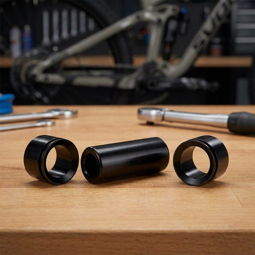 RockShox 3-teilige Dämpfer-Befestigung 1/2" 8x37.6 Standard auf Holz-Werkbank mit Fahrrad im Hintergrund.