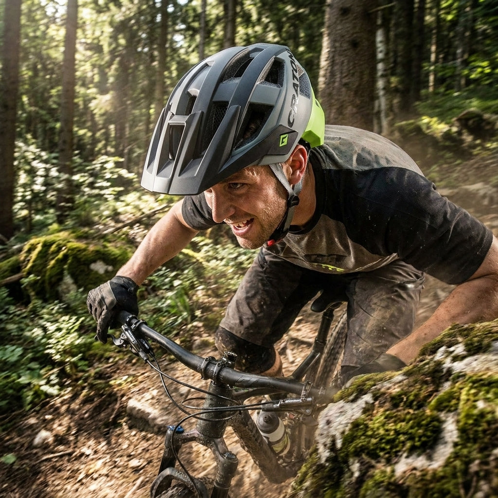 Mountainbiker trägt Cratoni Helm AllSet MTB schwarz lime matt auf Waldtrail.