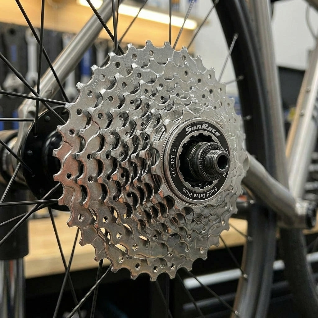 SunRace Schraubkranz 8-Fach 13-32 Zähne silber am Fahrrad-Hinterrad.