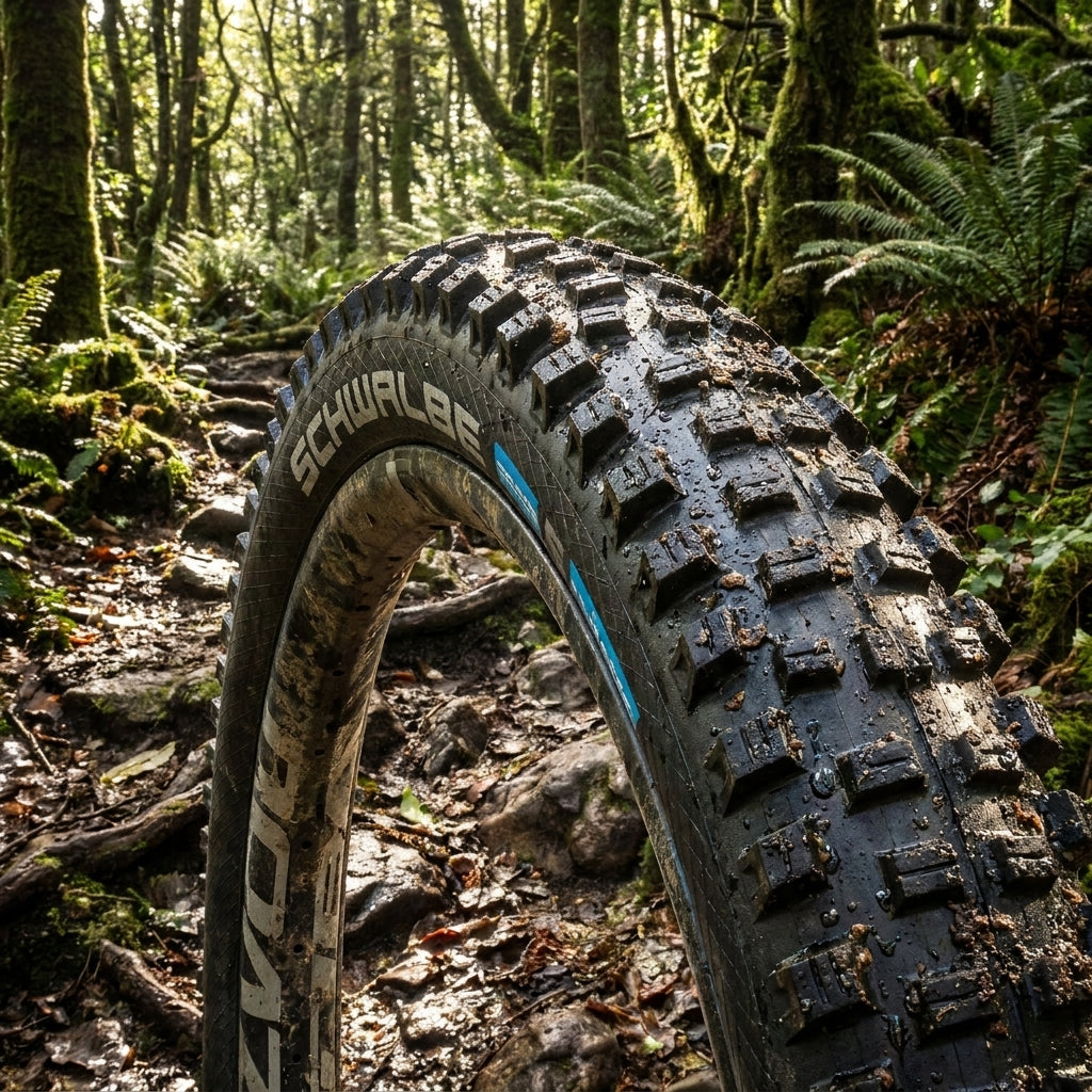 Schwalbe Faltreifen HANS DAMPF ADDIX Performance TLR E-25 auf matschigem Mountainbike Trail.