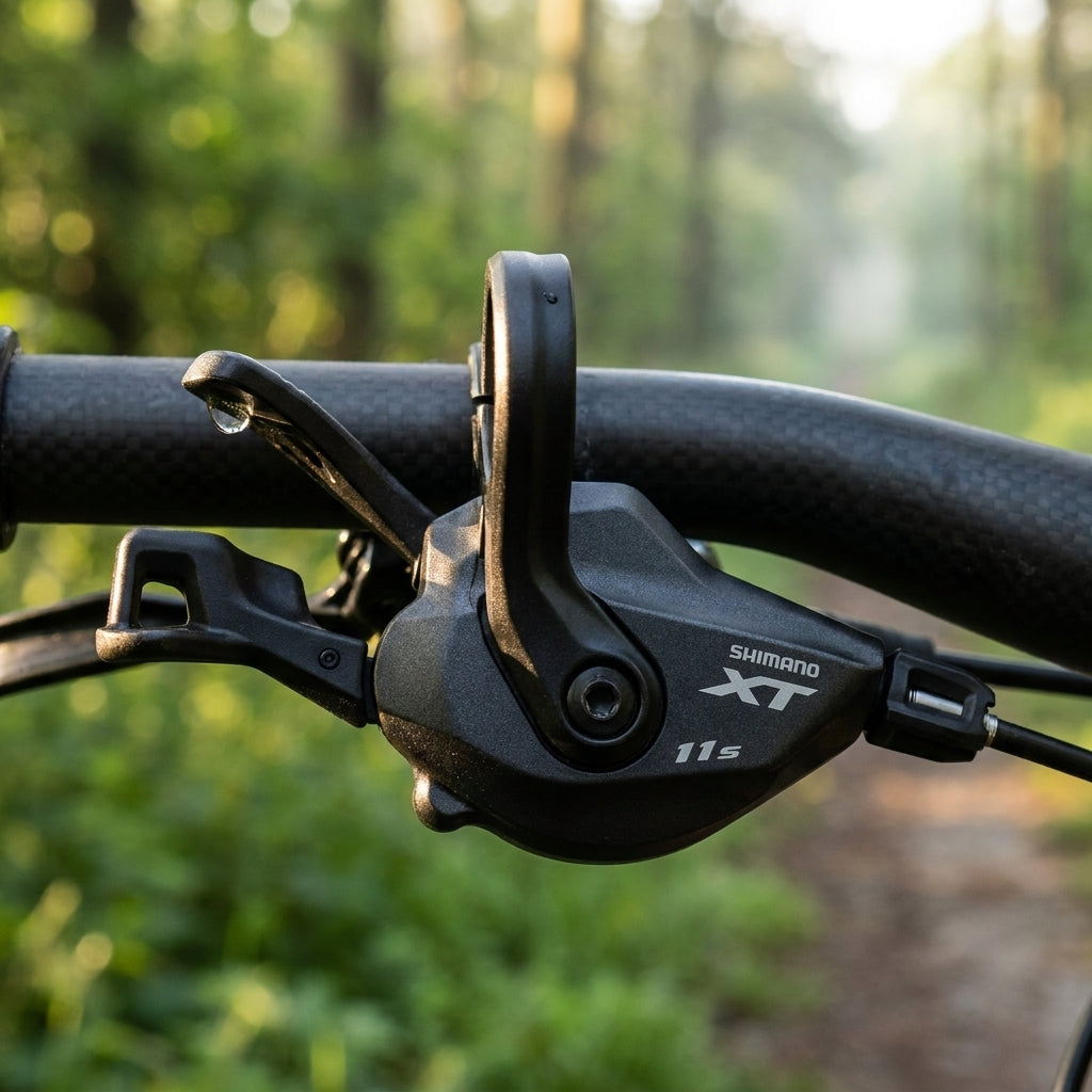 SHIMANO DEORE XT SL-M8130 11-fach Schalthebel am Fahrradlenker, mit Wassertropfen im grünen Wald.