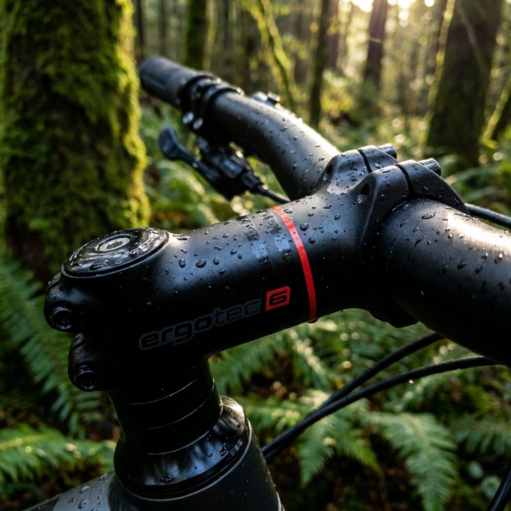 Ergotec Ahead Vorbau Ray Ø 35 mm Alu schwarz 7° 1 1/8" 110 mm, nass im Wald am Fahrrad.