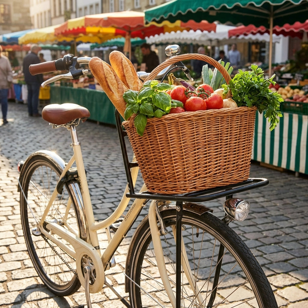Fahrrad mit Basil Vorderrad-Gepäckträger Carrier L schwarz matt und Einkaufskorb voller frischer Lebensmittel am Markt.