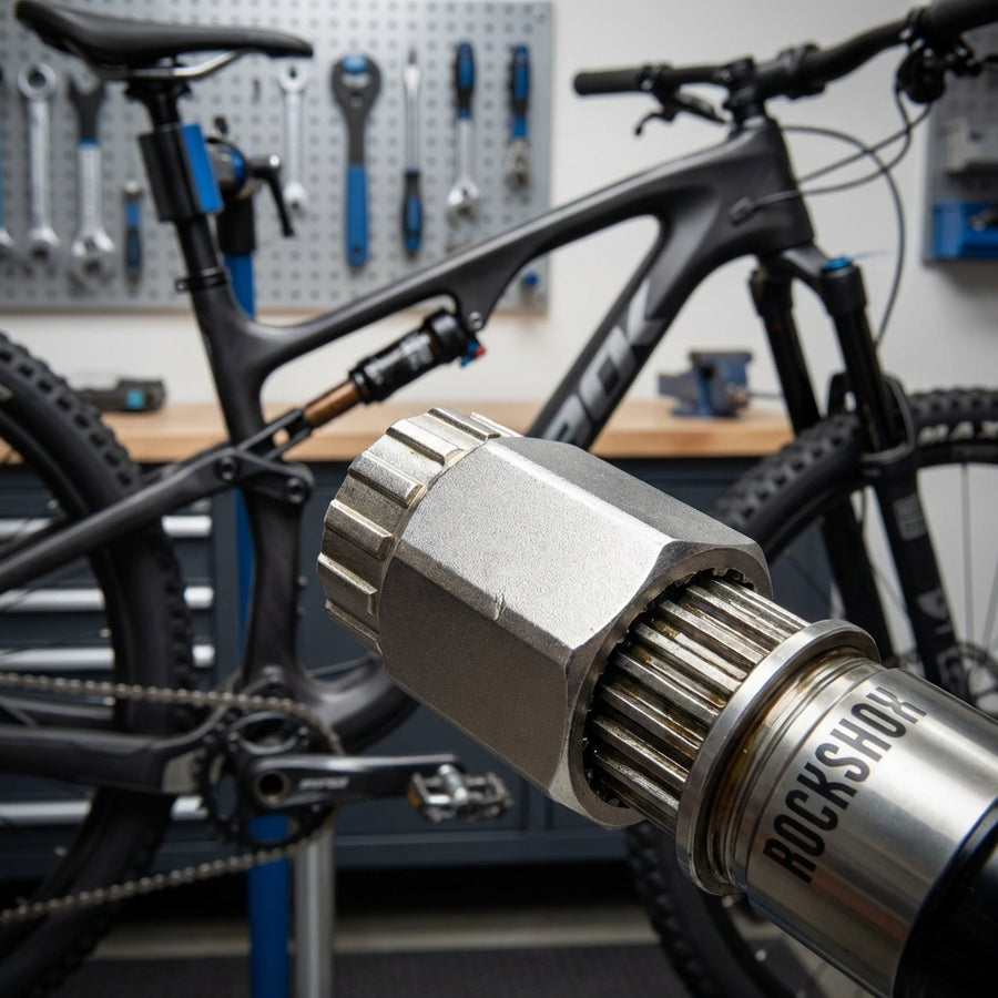 Rockshox Dämpfer/Cassetten Abzieher Sid Paragon im Einsatz an einem Mountainbike in der Werkstatt.