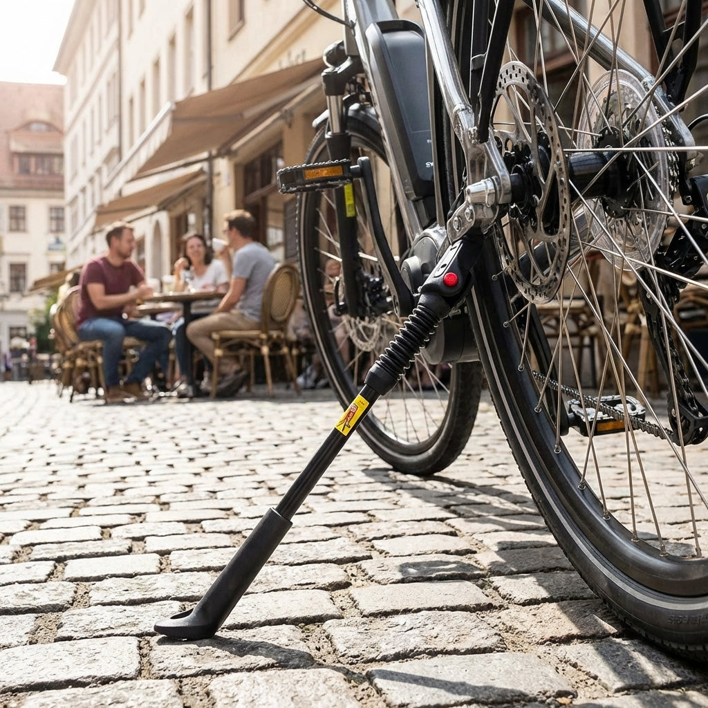 Hebie Hinterbauständer Nr 0671E 26-28 Zoll am Fahrrad auf Kopfsteinpflaster in der Stadt.