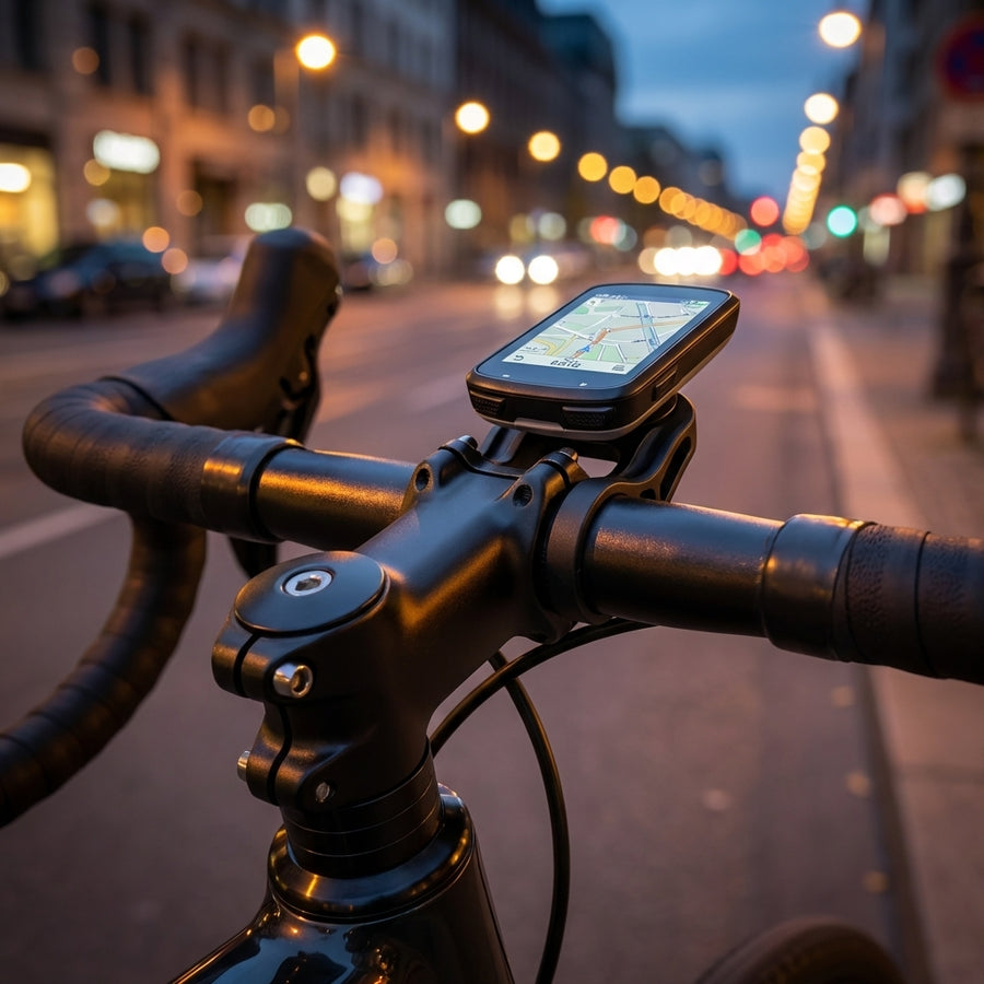 Ergotec Swell XR/X70 schwarze Aluminium Vorbau-Frontkappe am Fahrradlenker mit Navi bei Nacht.