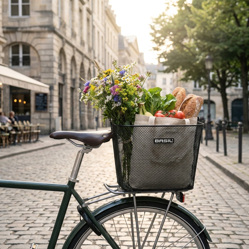 Basil Cardiff Hinterradkorb schwarz, engmaschig, am Fahrrad mit Blumen & Einkäufen, stabil & praktisch.