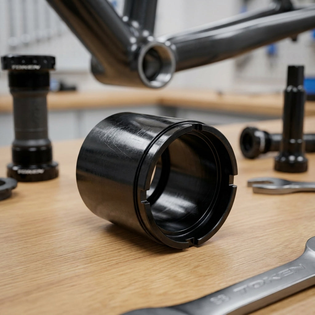 Fahrrad-Demontagewerkzeug von TOKEN für TF24 Tretlager-Adapter auf Werkbank mit Rahmen.