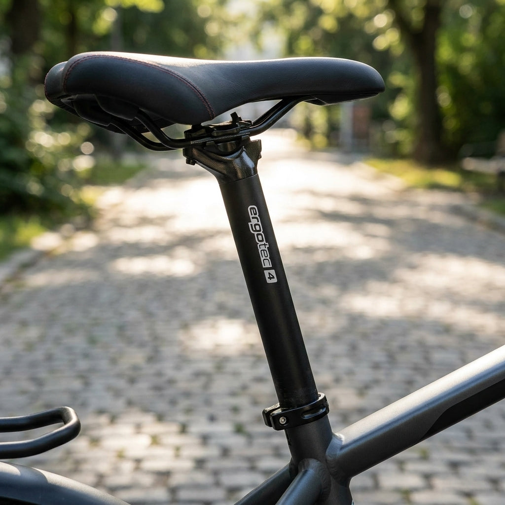Schwarze Ergotec Atar-550 Patentsattelstütze aus Aluminium am Fahrrad.
