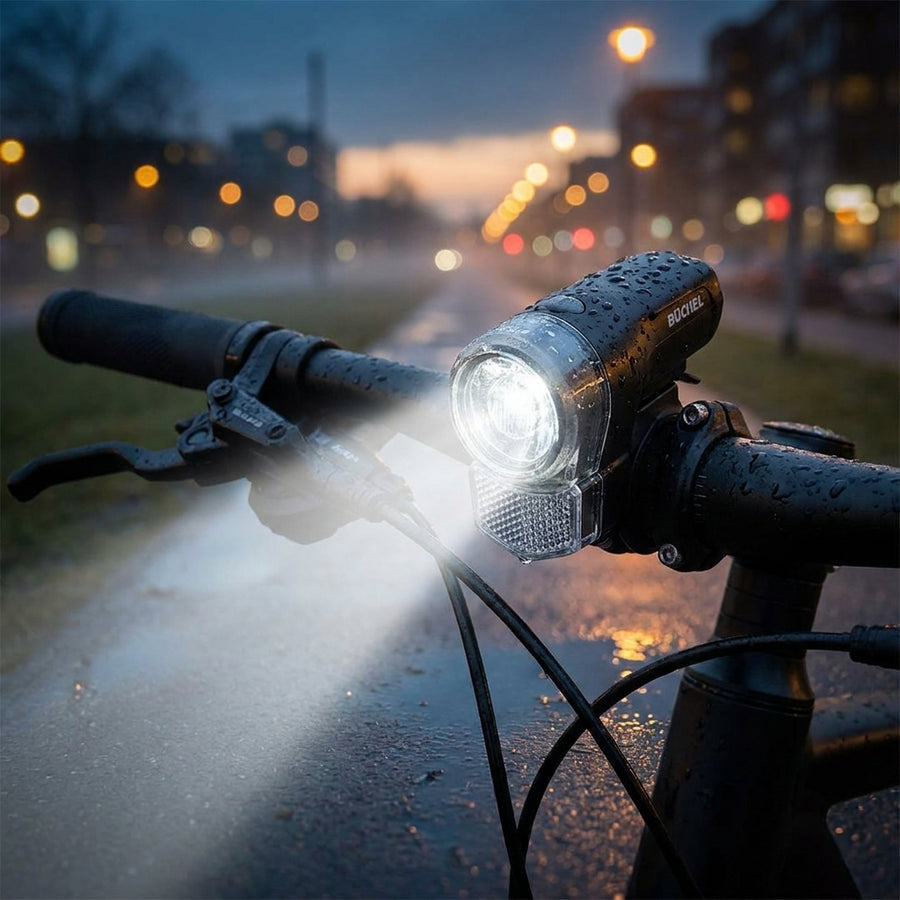 Büchel Batterie-Scheinwerfer Nightlite mit Halter ca.10/25 Lux am Fahrrad, leuchtet auf nasser Straße bei Nacht.