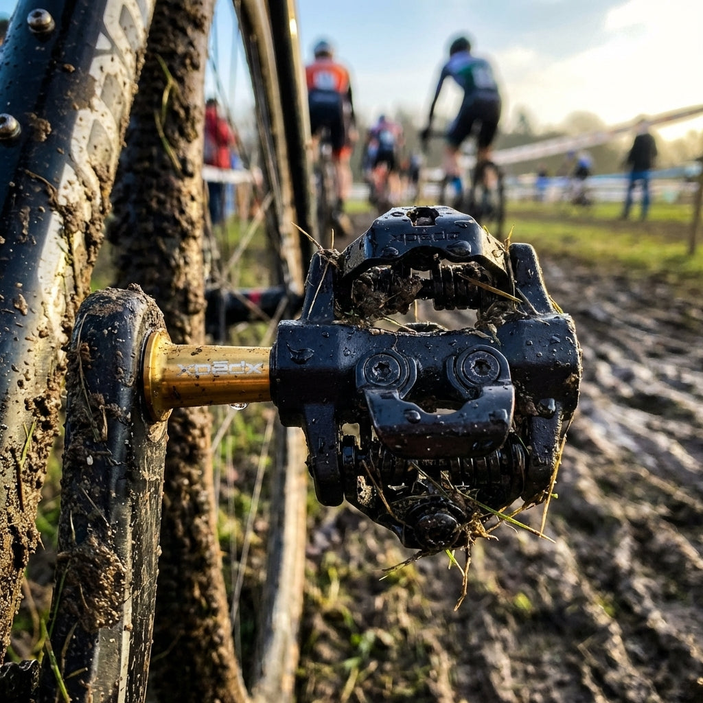 Xpedo CXR Pro Clipless Pedal schwarz/gold, schlammverkrustet am Fahrrad bei einem Cyclocross-Rennen.