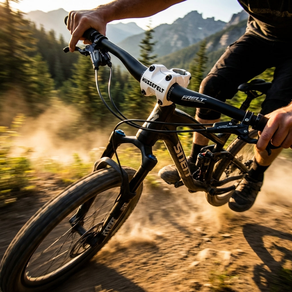 Truvativ Hussefelt Ahead Vorbau in Schneeweiß am Mountainbike bei staubiger Fahrt auf Waldweg.